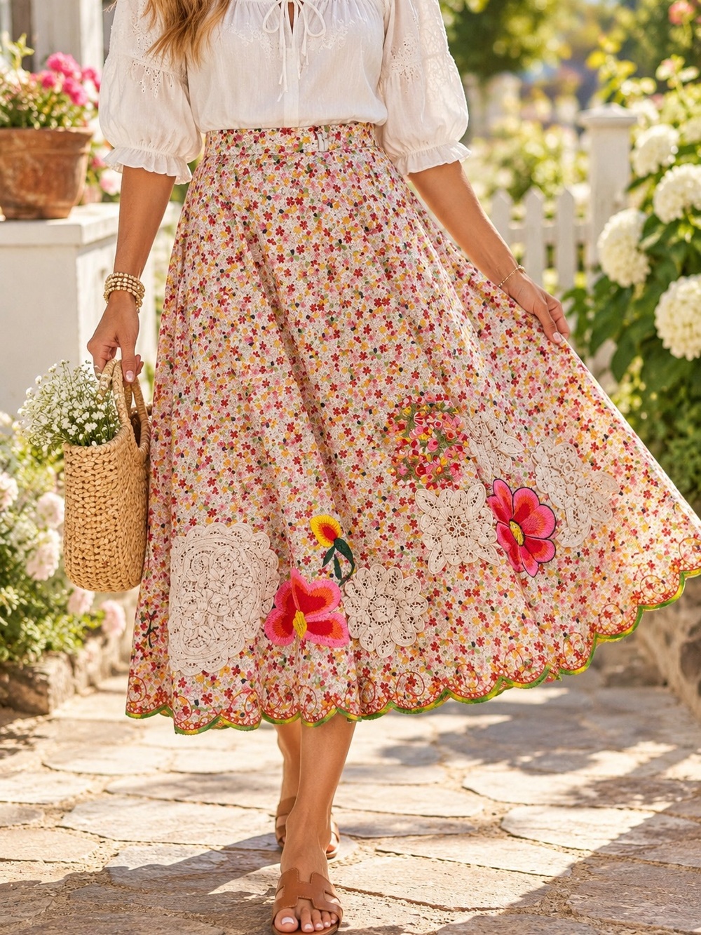 Future Paradise Floral Embroidered Applique A-Line Midi Skirt Size 10